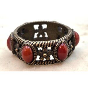 Vintage Brass Ring With Red Coral Cabochons & Floral Design - Size 7